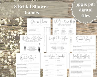 Minimalist Formal Bridal Shower Printable Games Bundle, Pack of 8, black and white