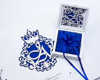 White Wood Ring Box , Royal Blue Colour Cushion , Ring Holder