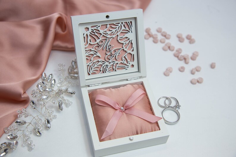 Engagement Ring Box White Wedding Ring Box Wedding Ring Holder Ring Bearer Box Wedding Ring Pillow,Rose Gold Color Engraved Ring Box