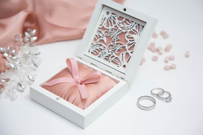 Engagement Ring Box White Wedding Ring Box Wedding Ring Holder Ring Bearer Box Wedding Ring Pillow,Rose Gold Color Engraved Ring Box