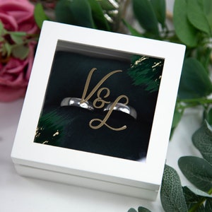 Modern Personalised White Wood Ring Box, Green Cushion