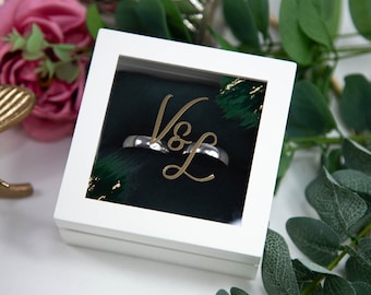 Modern Personalised White Wood Ring Box, Green Cushion