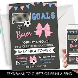 Editable Goals or Bows Gender Reveal Invite Invitation Soccer Digital 5x7 Chalkboard Blue Pink Baby Futbol