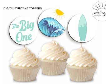 Adornos para cupcakes Surf Boy Surfing Waves Wave Big One Palillos digitales para comida Decoración para fiestas de cumpleaños