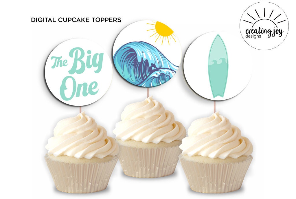 Surf Boy Cupcake Toppers Surfing Waves Wave Big One Digital Food Picks Birthday Party Decor