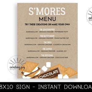 S&#39;mores Menu Sign 8x10 Digital Party Decor Smores Bar S&#39;more Birthday Instant Download