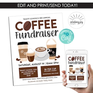 May include: A flyer for a coffee fundraiser at Trinity School. The flyer is white with brown text and images of coffee cups. The flyer says "Trinity School's 3rd Annual Coffee Fundraiser" and "Saturday, August 19 | 10AM-2PM". The flyer also includes the address of the school and the price of the coffee.