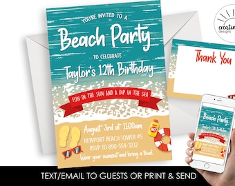 Beach Birthday Invitation Invite Party Digital 5x7 Personalized Ocean ANY AGE Sand Sea Fun Summertime Kids