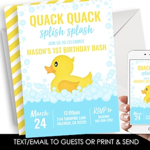 Editable Rubber Duck Invitation Invite Birthday First 1st Party Digital 5x7 ANY AGE Boys Bubble Bath Tub Quack Bash