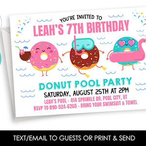 Editable Donut Pool Party Invitation Invite Digital 7x5 Kids Pink Girls Birthday Doughnuts Splash Bash