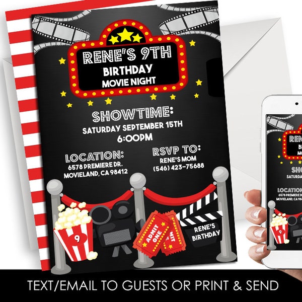 Editable Movie Night Birthday Invite Party Invitation Movie Theater 5x7 Digital Kids Hollywood ANY AGE Corjl