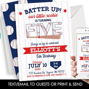 Editable Baseball Invitation 5th FIVE Invite Boy Birthday Party Kids Digital 5x7 Rookie Sports Allstar