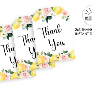 Tag di favore di limone Grazie digitale Download istantaneo stampabile 2x3 Acquerello Baby Bridal Shower Party