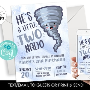 Editable TWOnado Birthday Invite Invitation Digital 5x7 Blue Instant Download Template Party Kids 2nd