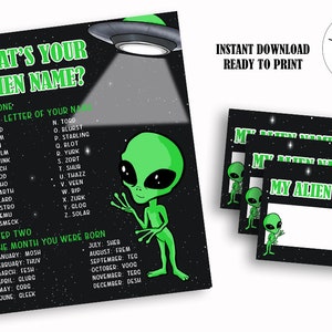 What&#39;s Your Alien Name Printable Set Digital Sign and Name Tag Bundle Package Space Extraterrestrial Party Decor