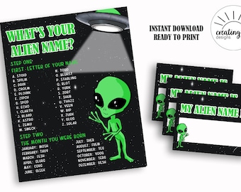 What&#39;s Your Alien Name Printable Set Digital Sign and Name Tag Bundle Package Space Extraterrestrial Party Decor