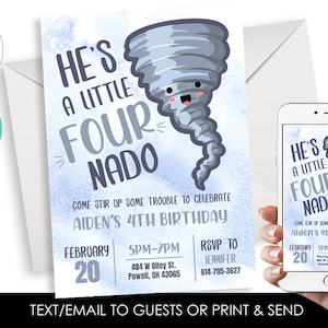 Editable Fournado Birthday Invitation Invite Digital 5x7 Watercolor Kids Party 4th Fourth Four 4 Nado