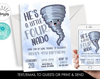 Editable Fournado Birthday Invitation Invite Digital 5x7 Watercolor Kids Party 4th Fourth Four 4 Nado
