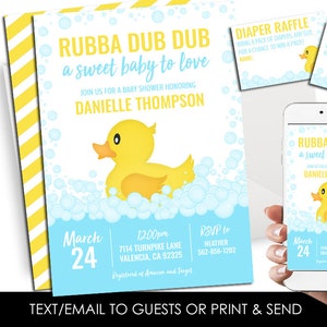 Editable Rubber Duck Baby Shower Invitation Invite Digital Ducky Sprinkle 5X7 Bathtub Bath Time Yellow Blue Corjl