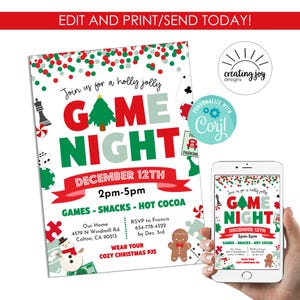 Editable Christmas Game Night Invitation Template Invite Digital 5x7 Holiday Party Instant Download