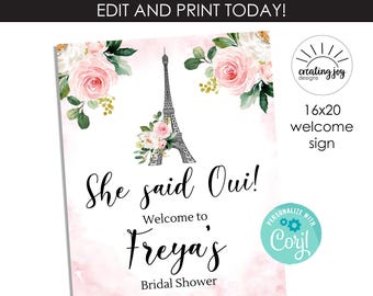 Plantilla editable de letrero de bienvenida de París de 16 x 20 pulgadas para fiestas, acuarela, Ooh La La, cumpleaños, despedidas de soltera, baby shower, letreros digitales