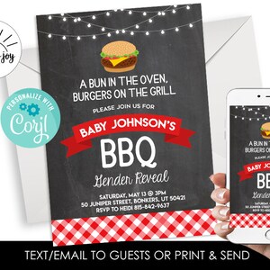 Editable BBQ Gender Reveal Invitation Invite Barbecue Picnic Party Backyard Digital 5x7 Personalized