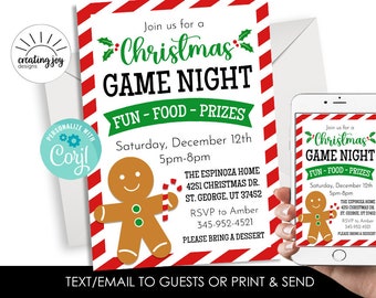 Editable Christmas Game Night Invite Holiday Party Digital 5x7 Invitation Instant Download Template Gingerbread Red