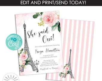 Invitación editable "She Said Oui" para despedida de soltera en París, plantilla digital de 5x7, descarga instantánea, acuarela rosa, floral francés, fiesta francesa