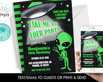 Editable Alien Birthday Invite Invitation Digital 5x7 Green Black Kids Party Earthling Space Extra Terrestrial