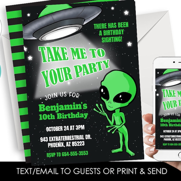 Editable Alien Birthday Invite Invitation Digital 5x7 Green Black Kids Party Earthling Space Extra Terrestrial