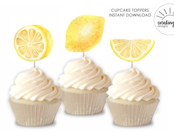 Lemon Cupcake Toppers Digital Printable Instant Download Bridal Shower Baby Birthday Watercolor Main Squeeze
