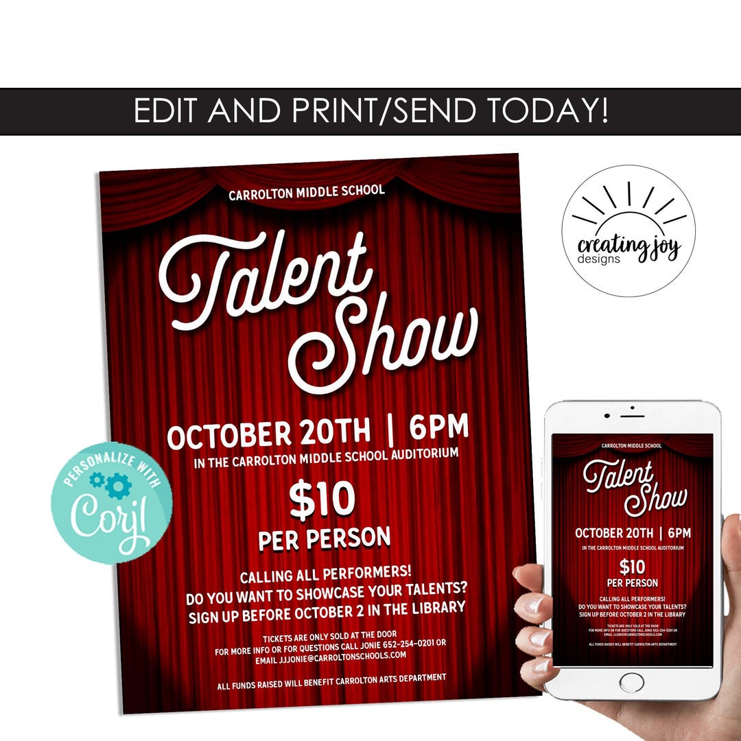 Talent Show Flyer Editable Template 8.5x11 Instant Download School ...