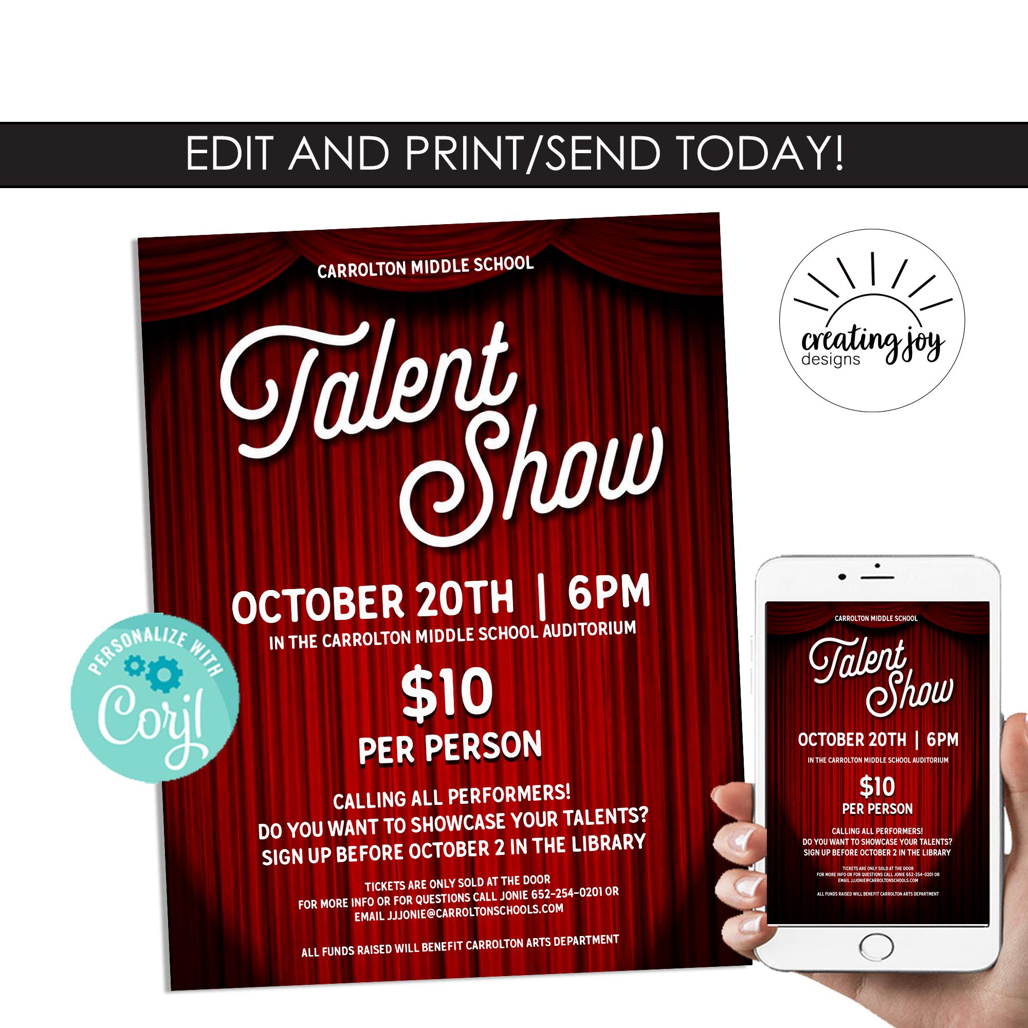 Talent Show Flyer Editable Template 8.5x11 Instant Download School ...