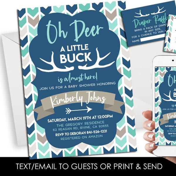 Editable Deer Buck Baby Shower Invitation Invite Sprinkle Arrows Boho Boy Blue Grey Grey Digital 5x7 Corjl