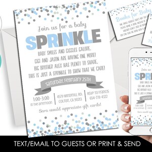 May include: A baby sprinkle invitation with a blue and gray confetti design. The invitation reads "Join us for a baby sprinkle" and includes details about the event, including the date, time, and location. The invitation also includes a request for gift cards.