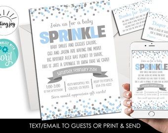 Editable Baby Boy Sprinkle Invitation Invite 5x7 Digital Personalized Confetti Blue Grey Polka Dot Corjl