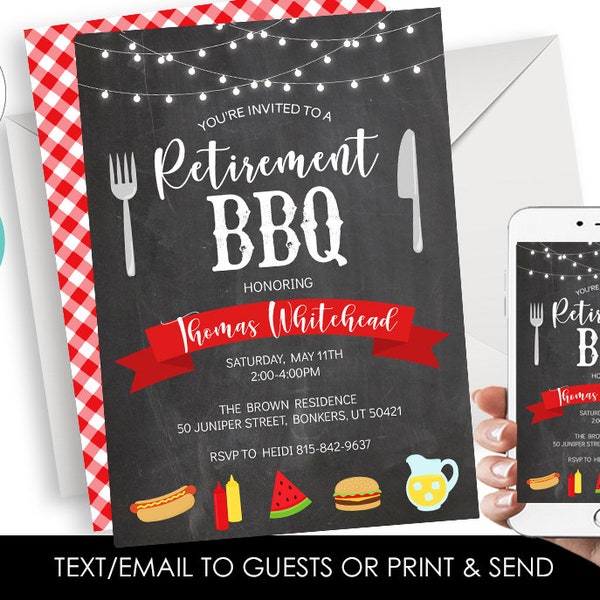 Editable Retirement BBQ Invite Invitation Party Picnic Summertime Backyard Digital Personalized 5x7 Cookout