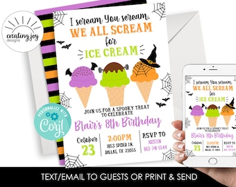 Editable Ice Cream Halloween Birthday Invite Invitation Digital Party 5x7 Kids We ALL Scream Spooky Girls Instant Download