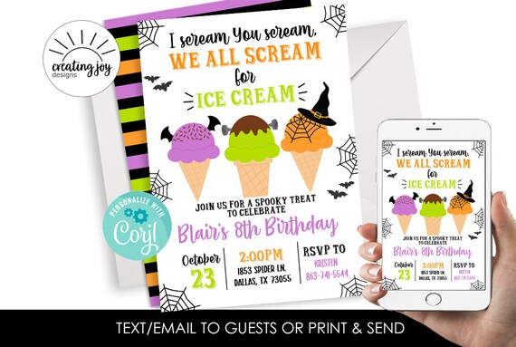 Editable Ice Cream Halloween Birthday Invite Invitation Digital