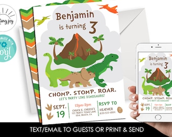 May include: Dinosaur-themed birthday invitation featuring a volcano, palm trees, and various dinosaurs. The invitation reads "Benjamin is turning 3" and includes event details. A smartphone displays the invitation.