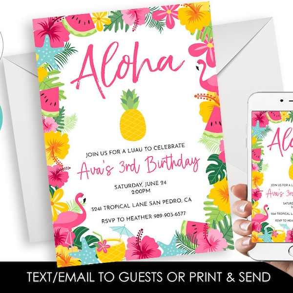 Editable Luau Aloha Birthday Invitation Hawaiian Invite Flamingo Watermelon Summer Digital 5x7 Kids Girls Corjl