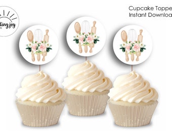 Herramientas de cocina Cupcake Toppers Digital Instant Download Whisked Away Bridal Printable Watercolor Floral Cooking