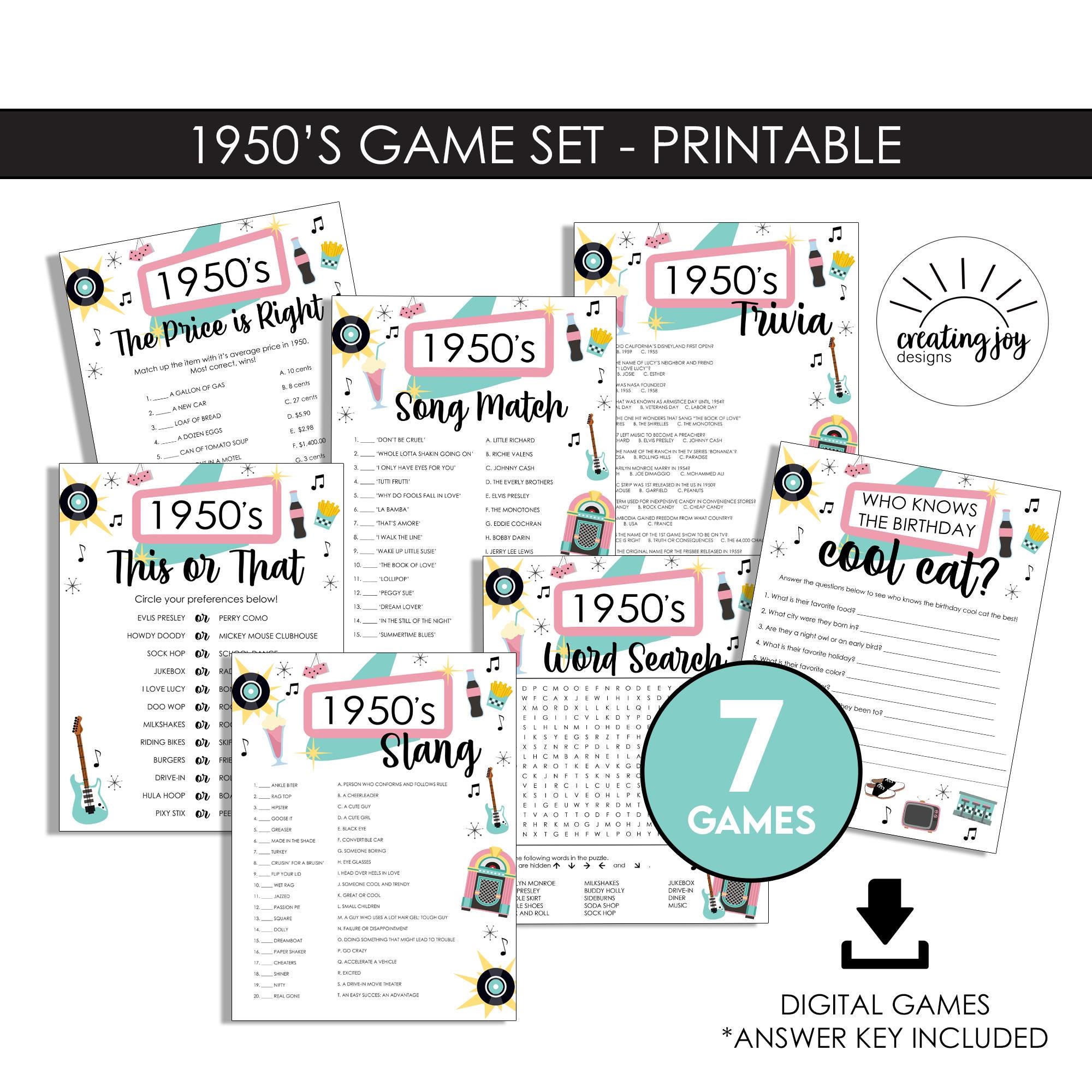 50's Party Games Bundle Set Printable Instant Download Digital 1950's Shake Rattle Roll