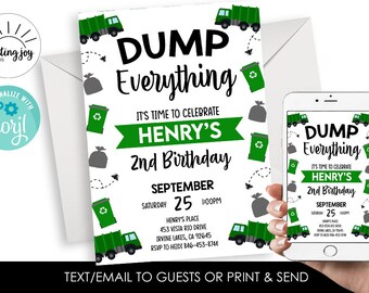 Editable Garbage Truck Invitation Invite Trash Dump Recycle 5x7 Digital Kids Green Trash Bash Instant Download Template