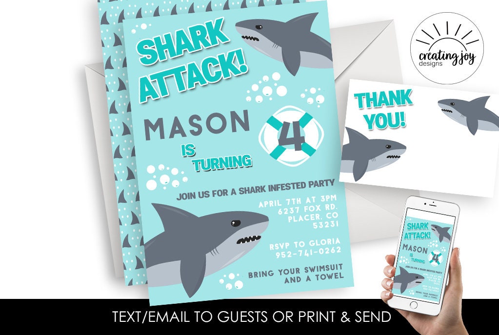 Shark Invitation Invite Birthday Party Kids Boys Pool Party 5x7 Digital Shark Attack Infested Waters