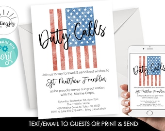 Editable Duty Calls Military Going Away Party Invitation Invite Digital 5x7 Instant Download Soldier American Flag Farewell