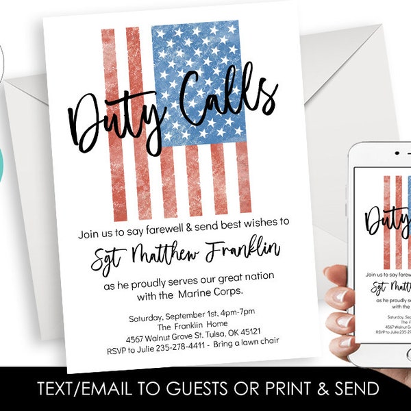 Editable Duty Calls Military Going Away Party Invitation Invite Digital 5x7 Instant Download Soldier American Flag Farewell