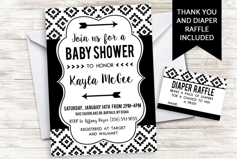 Aztec Baby Shower Invitation Invite Black White Tribal Native Etsy