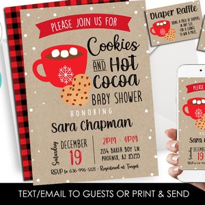 Editable Cocoa and Cookies Baby Shower Invitation Bundle Invite Digital 5x7 Plaid Hot Cocoa Winter