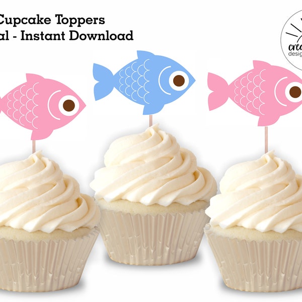 Fish Gender Reveal Cupcake Toppers Digital Printable Instant Download He She Pink Blue